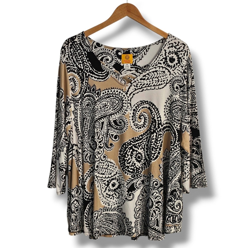 Ruby Rd. Top 2X Women Tan Black Paisley Lattice V-Neck 3/4 Sleeve Office Stretch
